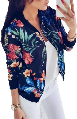 Vista 3 de Chaqueta de béisbol con cremallera floral de manga larga para mujer cortavientos hoja impresa otoño primavera trajes bombardero chaqueta