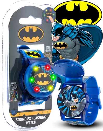 Vista 2 de Accutime Batman DC Comics - Reloj digital para niños, luces LCD intermitentes, apertura abatible, reloj musical, banda de plástico azul, Logo Cara