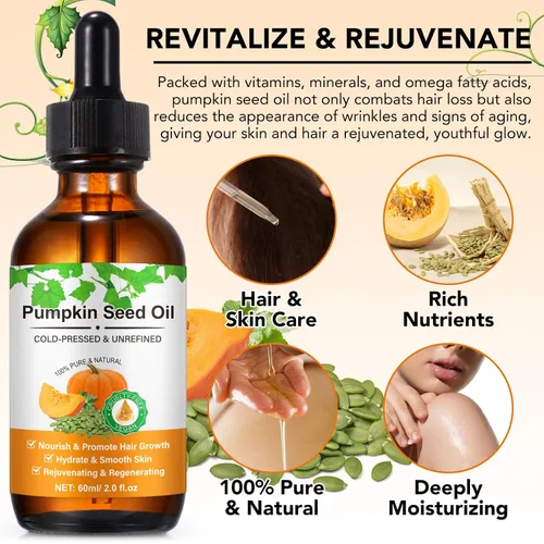 Vista 7 de Aceite de semilla de calabaza para el crecimiento del cabello, aceite de calabaza 100% puro prensado en frío para cabello seco dañado, hidratante