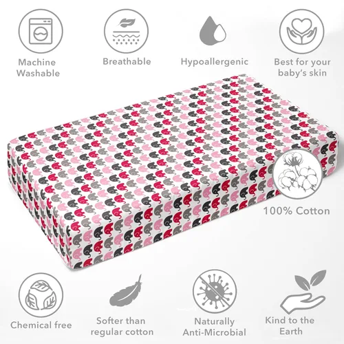 Vista 5 de Bacati - Sábana bajera ajustable universal para cuna o cama infantil de 100 % algodón, color rosa elefante, fucsia, gris