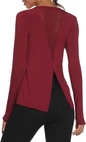 Vista 3 de Mippo Camisas de entrenamiento de manga larga para mujer, camisetas de yoga con espalda abierta, para correr, ropa atlética Rojo vino
