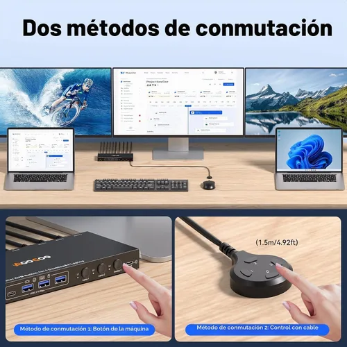Vista 8 de Conmutador KVM USB C DP, 3 computadoras, 3 monitores, interruptor KVM MST 4K/1080P a 60Hz para 1 PC y 2 portátiles Share 3 monitores con 4