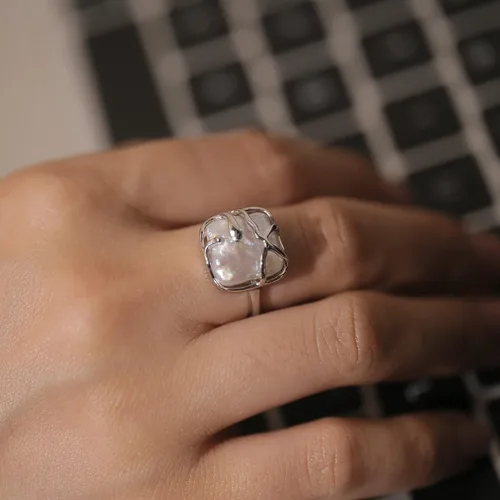 Vista 5 de SEEMSAY Anillo de Perla Barroca de Plata para Mujeres Anillo de Plata de Ley 925