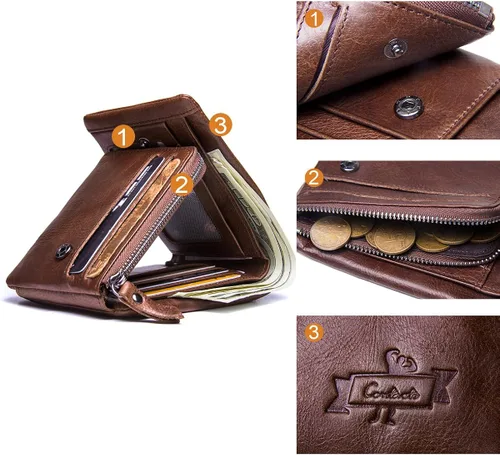 Vista 5 de Contacts - Monedero de bolsillo con cremallera de cuero genuino para hombre, color marrón oscuro