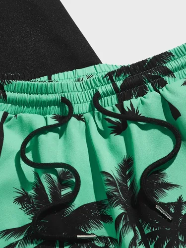 Vista 90 de GORGLITTER Conjunto de 2 piezas de camiseta gráfica de manga corta para hombre, estampado hawaiano con cordón y pantalones cortos