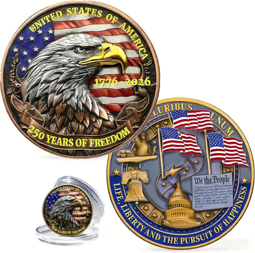 Vista 8 de Moneda del 250 aniversario de Estados Unidos 1776-2026 Mercancía 3D America 250 para celebración patriótica, regalos del Día de la Independencia