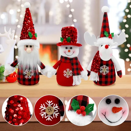 Vista 2 de Decoraciones navideñas de búfalo rojo para interiores, 3 piezas de muñeco de nieve de Navidad rojo, Papá Noel y reno, bandeja escalonada de felpa