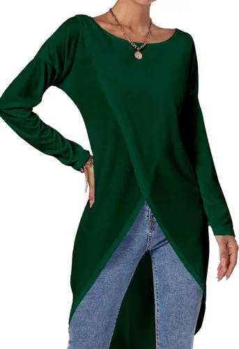 Vista 3 de LYANER Blusa larga de manga larga con dobladillo dividido frontal para mujer