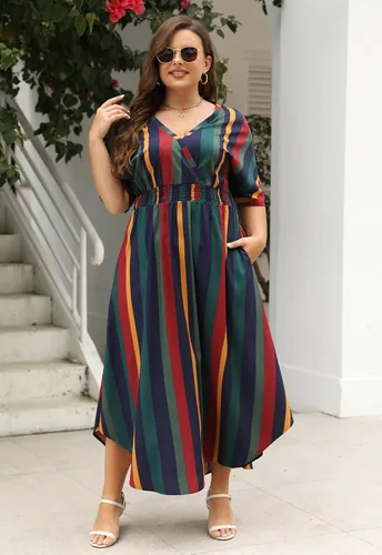 Vista 4 de Nemidor NEM403 - Vestido largo acampanado con cuello en V y estampado bohemio para mujer, talla grande, con bolsillo