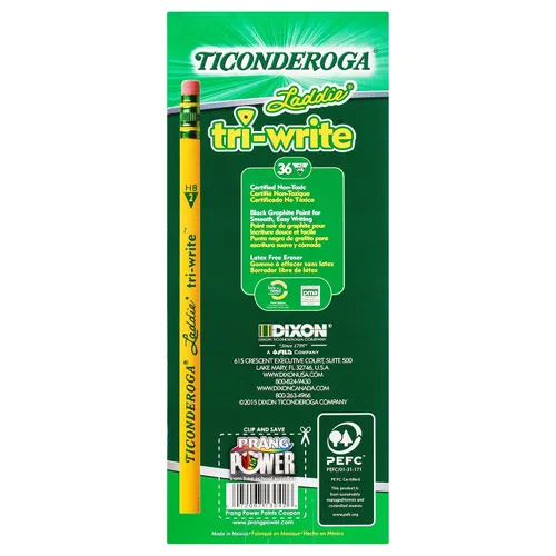 Vista 4 de Ticonderoga® Lápices Tri-Write, con borradores, plomo #2, amarillo, paquete de 36 y lápices triangulares Tri-Write, carcasa de madera #2 HB suave