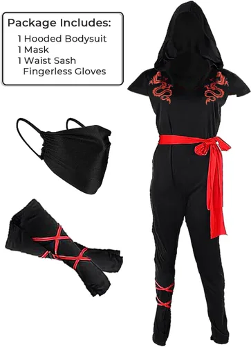Vista 2 de Disfraz de ninja de luchador de dragón negro y rojo para mujer, talla XL (14-16), perfecto para Halloween, cosplay y fiestas temáticas, 1 juego