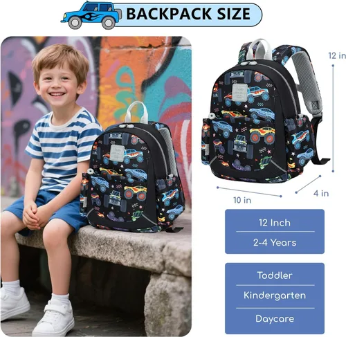 Vista 9 de CAMTOP Mochila para niños pequeños, 12 pulgadas para preescolar y guardería Vehículo negro