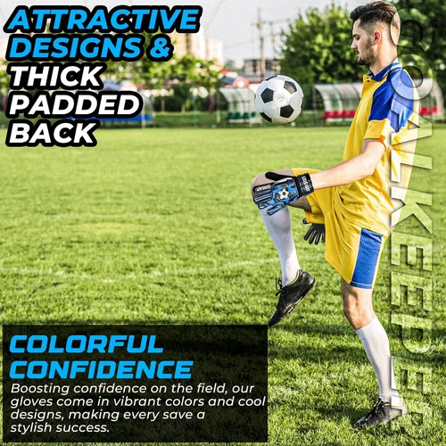 Vista 4 de Guantes de portero de fútbol para niños, guantes de portero para jóvenes niños y niñas con palma de látex de 4MM, antideslizantes, protección doble