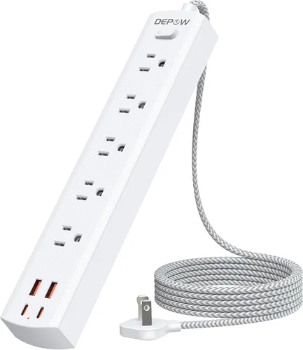 Vista 10 de DEPOW Regleta de Enchufes Negra con Protector contra Sobretensiones, Cable de Extensión Ultra Delgado de 5 Pies con Enchufe Plano, 1700 Julios, 5