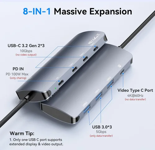 Vista 2 de Hub USB C de 10 Gbps, divisor USB C con salida de video 4K a 60 Hz, carga PD de 100 W, transferencia de datos, extensor adaptador USB 4 multipuerto
