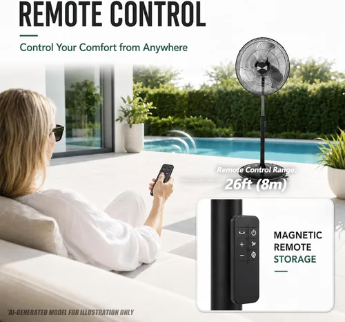 Vista 5 de Ventilador de pedestal oscilante de 18 pulgadas con control remoto, ventilador de pie de alta velocidad de 5000 CFM, motor de CC, 9 velocidades