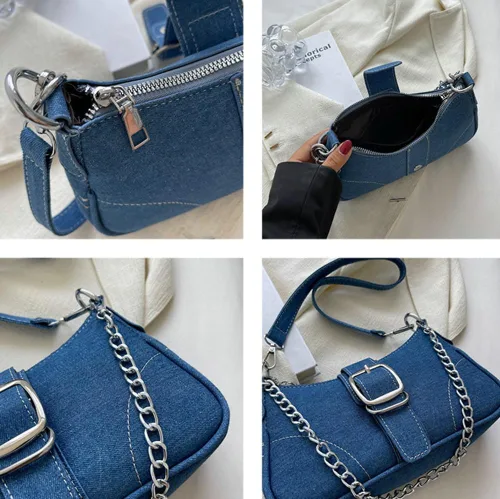 Vista 6 de Bolso de hombro de mezclilla para mujer, bolso de mano vintage de mezclilla estilo hobo, bolso pequeño con asa superior, bolsos ligeros