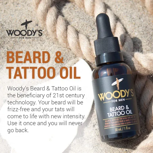 Vista 2 de Woody's Aceite de tatuaje y barba para hombres, aceite de barba para hombre, hidratante hidratante facial para cabello y piel, mejora el crecimiento