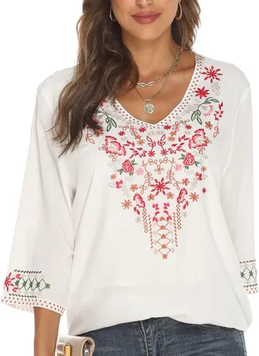 Vista 13 de AK Women's Boho Embroidered Tops 3/4 Sleeve Mexican Peasant Shirts Bohemian Loose Tunic Blouses 355-negro