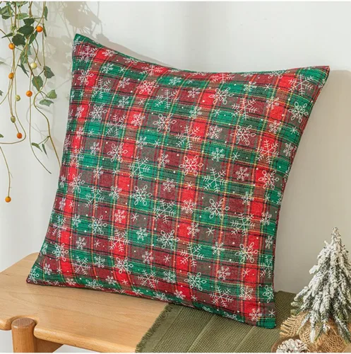 Vista 2 de MOJUN Paquete de 2 fundas de almohada decorativas de Navidad, fundas de almohada de copo de nieve a cuadros de Navidad, decoración de vacaciones
