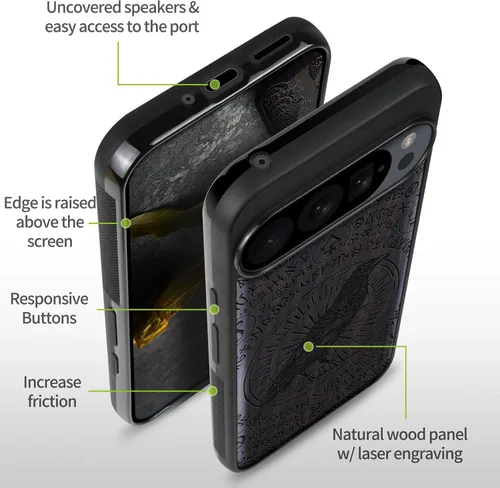 Vista 6 de Carveit Funda de madera para Pixel 9 Pro [madera natural y TPU suave negro] a prueba de golpes, funda de madera única compatible con Google Pixel 9