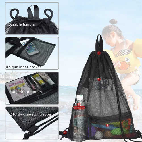 Vista 5 de Heavy Duty Drawstring Mesh Bag, Gym Backpack Sports String Bag with Bottle Holder for Balls, Swiming, Beach Toys