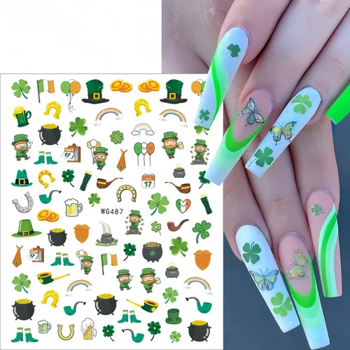 Vista 3 de 7 hojas de calcomanías de uñas del día de San Patricio para arte de uñas, calcomanías autoadhesivas 3D de trébol verde, diseño de uñas irlandesas