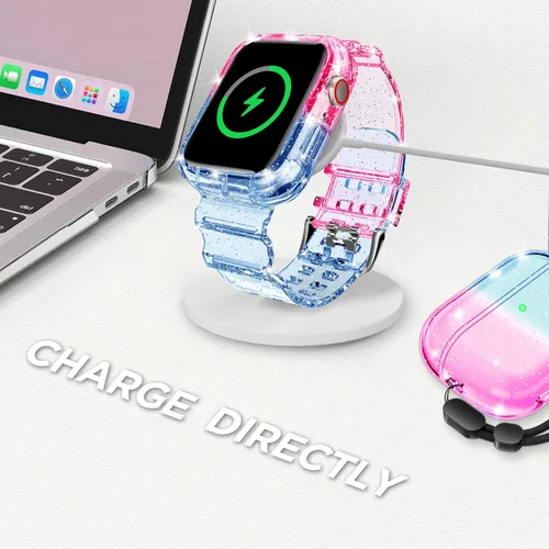 Vista 106 de DABAOZA - Correa transparente compatible con Apple Watch con estuche protector, correa deportiva de TPU con brillo para mujeres y hombres