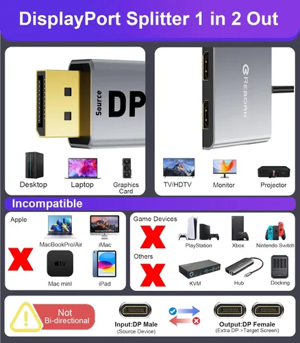 Vista 7 de Reborn Divisor DisplayPort a Dual DisplayPort 4K @60Hz Divisor de puerto de pantalla 1 en 2 salidas para monitor dual Pantalla extendida Fuente DP a