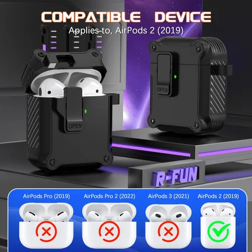 Vista 4 de R-fun Funda de carga compatible con AirPods de 2ª generación 2019, 1ª generación 2016, protección completa contra caídas, tapa desplegable