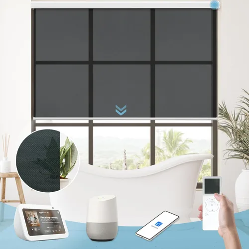 Vista 11 de Persiana enrollable inteligente 100 % opaca, pantalla motorizada compatible con Alexa Google, persiana de control de aplicación para ventana Tela