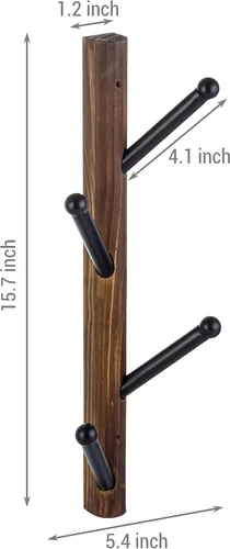 Vista 4 de MyGift 4 ganchos montados en la pared, madera maciza marrón rústica y metal negro para sombrero, perchero vertical para colgar ropa con ganchos