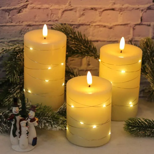 Vista 3 de Eldnacele Velas sin llama que funcionan con pilas con control remoto y temporizador, tira de luces LED de cera real, velas LED de pilar de cera