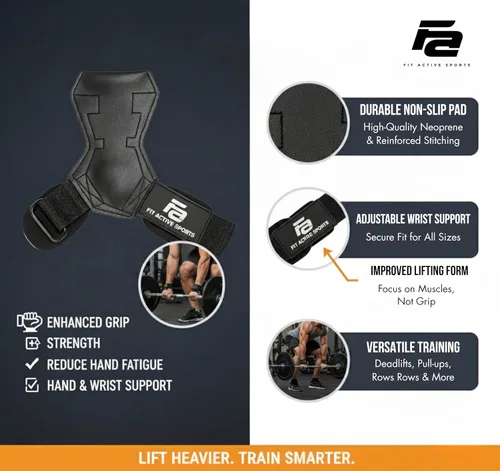 Vista 4 de Fit Active Sports Puños suaves de peso muerto para levantamiento de pesas, levantamiento de potencia, peso muerto, filas y dominadas, muñequeras