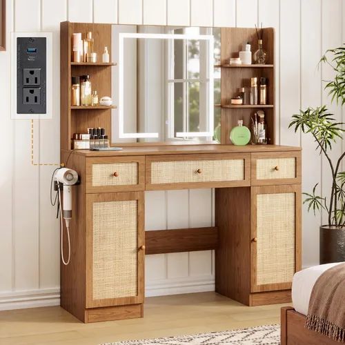 Vista 8 de Yechen - Tocador de 35" estilo bohemio con espejo iluminado con LED y regleta de enchufes, juego de mesa de maquillaje de madera con cajones