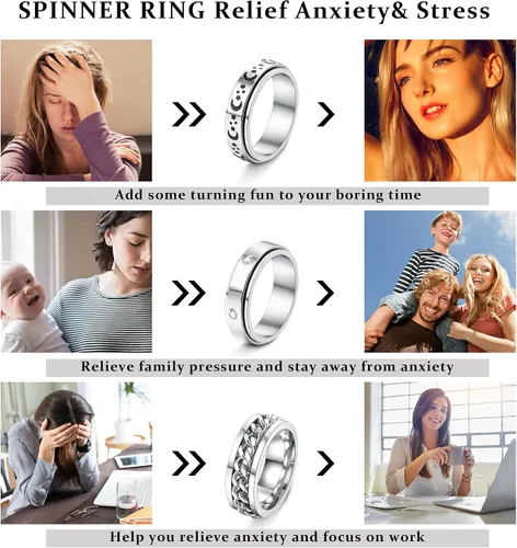 Vista 5 de Sanfenly 6 anillos giratorios de acero inoxidable para mujeres y hombres anillos antiansiedad anillo de luna estrella arena acabado explosivo alivio