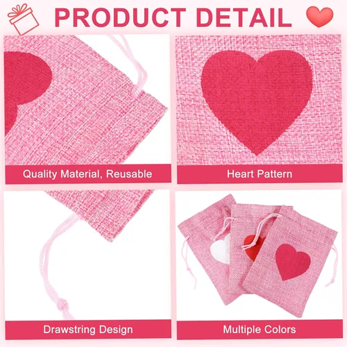 Vista 5 de 36 bolsas de arpillera de corazón para el día de San Valentín, 4 x 6 pulgadas, con cordón, pequeñas bolsas de joyería de lino, bolsas con cordón