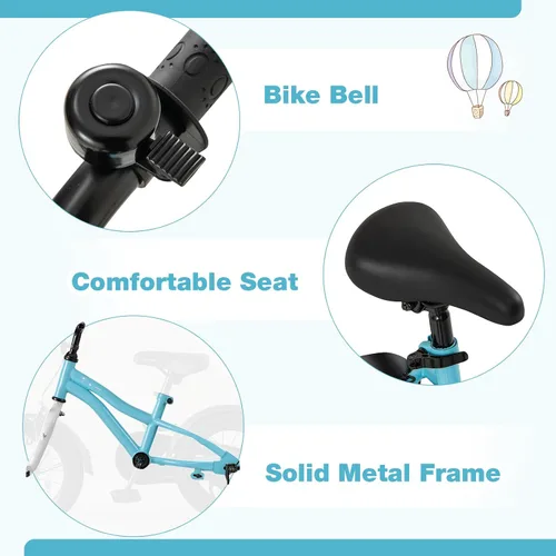 Vista 8 de BABY JOY Bicicleta deportiva de 12, 14, 16, 18 pulgadas, con ruedas de entrenamiento, asiento ajustable, freno de mano y freno de posavasos