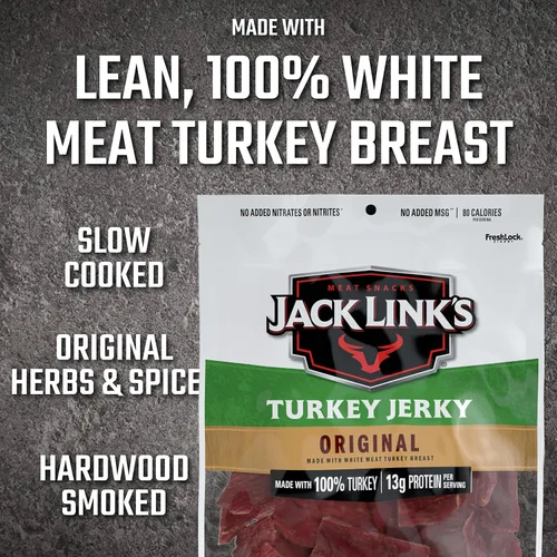 Vista 5 de Jack Link's Cecina de pavo, original, bolsa de carne seca – Bocadillo sabroso, bocadillos de proteína listos para comer con 0.46 oz de proteína por