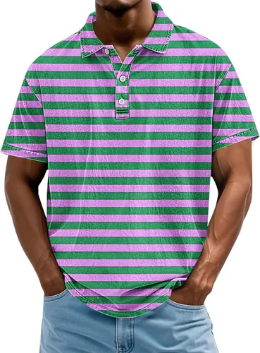 Vista 10 de Camisa polo de manga corta para hombre, camiseta de golf a rayas, de manga corta, para vacaciones, casual, cuello en V, camiseta de verano