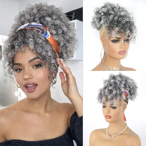 Vista 19 de Cola de caballo con cordón para mujeres negras Afro Puff Cola de caballo con cordón con flequillo Cola de caballo corta crespa y rizada Moño cola