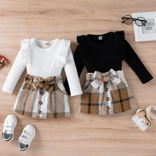 Vista 7 de Yccutest Conjunto de falda de manga larga con volantes y minifalda, 2 piezas, ropa para niña pequeña para otoño e invierno