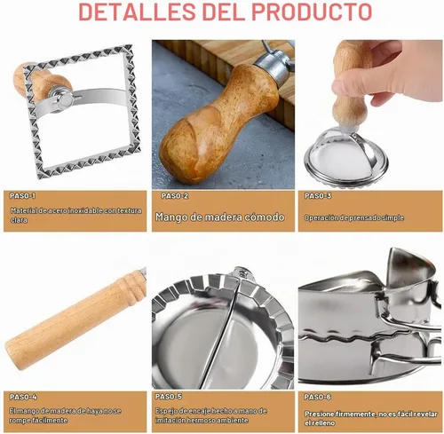 Vista 3 de Juego de ruedas de corte de raviolis de 5 piezas, fabricantes de raviolis con rodillo, juego de cortador de sellos de raviolis con mango de madera