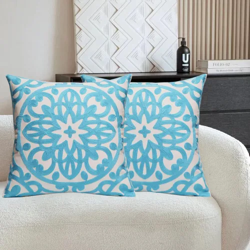 Vista 14 de Juego de 2 fundas de almohada decorativas bordadas, estilo bohemio, lona de algodón, para patio, sofá, sala de estar, 18 x 18 pulgadas