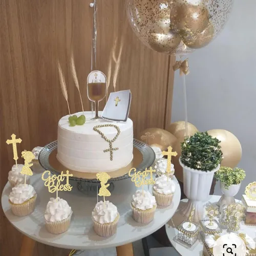 Vista 8 de Gyufise 24 decoraciones doradas para cupcakes con purpurina de Dios bendiga y cruz para baby shower, decoración para baby shower, fiesta