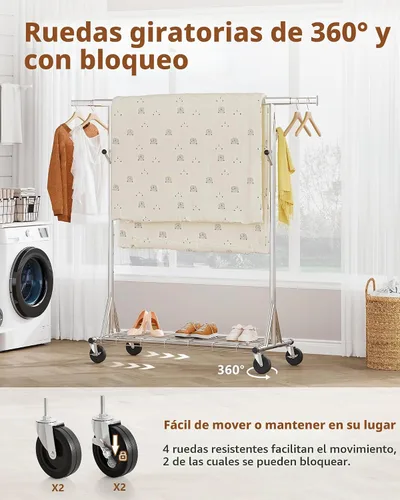 Vista 5 de Hoctieon Perchero de montaje de 1 minuto, 480 libras, percheros de ropa rodantes resistentes con ruedas, perchero plegable para ropa, barra Plata