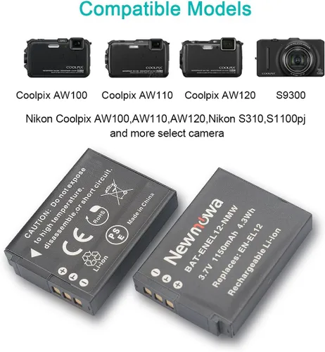 Vista 2 de Newmowa Paquete de 2 baterías de repuesto y cargador USB dual para Nikon EN-EL12 Compatible con Nikon Coolpix AW100 AW100s AW110 AW110s AW120 P330
