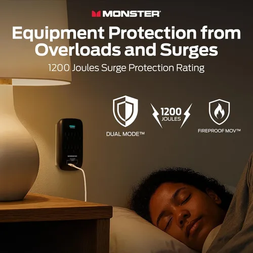 Vista 5 de Monster - Protector de sobretensiones de enchufe de pared de 6 tomas, 1200 julios, extensor de toma de pared con 1 puerto de carga USB-A y 1 puerto