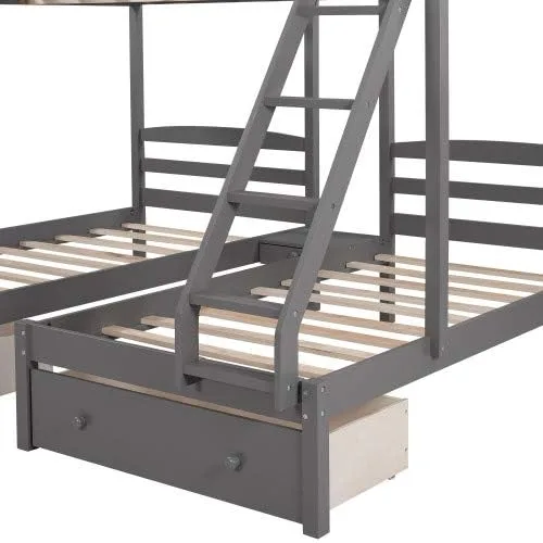 Vista 8 de Merai - Cama matrimonial y litera doble, litera triple de madera con cajones y barandillas (gris 2)
