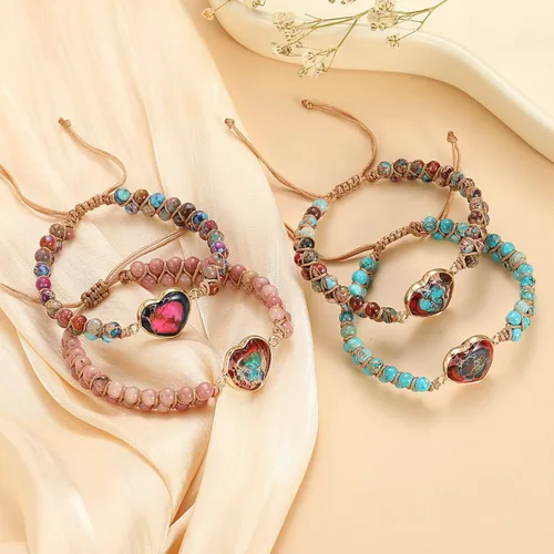 Vista 4 de Pulsera trenzada de nudo de flor de durazno ajustable para mujer, con texto en inglés "For Granddaughter A Link That Can Never Be Undo", pulsera